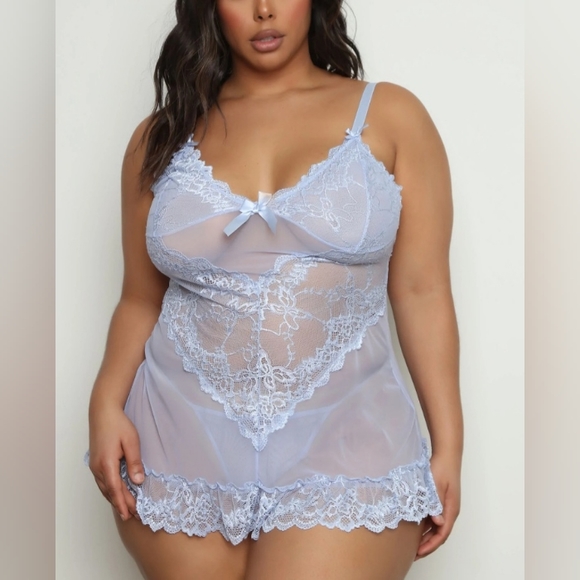 Women's Light Blue 2 Piece Lace Babydoll Chemise and G String Set Size Large - Picture 5 of 5